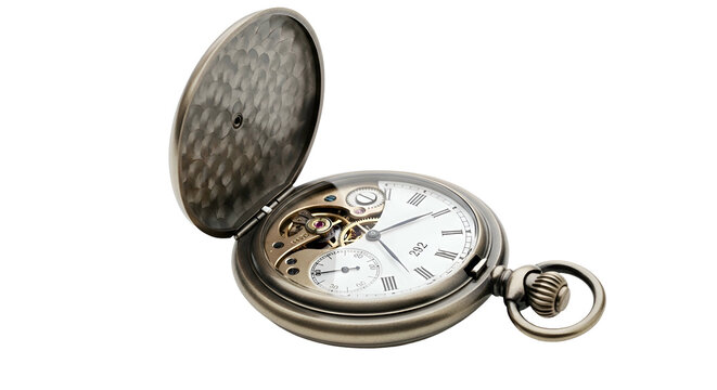 Open pocket watch reveals intricate clockwork mechanics and white face