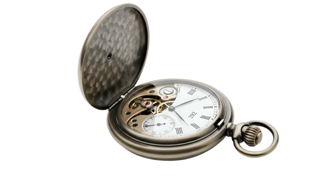 Open pocket watch reveals intricate clockwork mechanics and white face