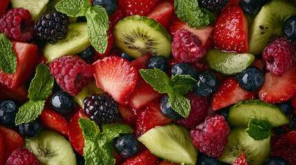Obraz premium A vibrant close-up of a colorful fruit salad with berries, kiwi, and mint