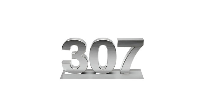 Number 307 in shiny silver, isolated on a black background