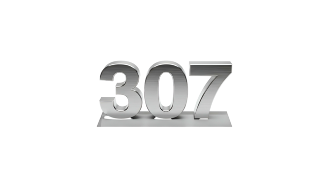 Number 307 in shiny silver, isolated on a black background