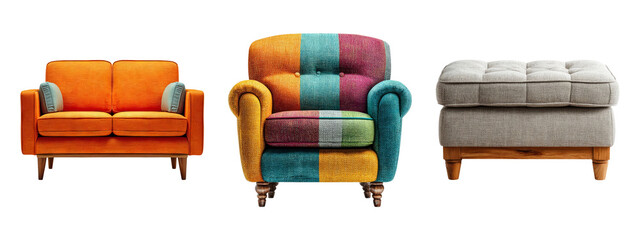 Colorful Armchairs and Sofa Set Isolated on Transparent Background