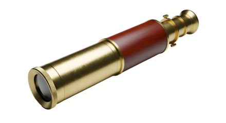 Brass & wood telescope, black background, perspective view