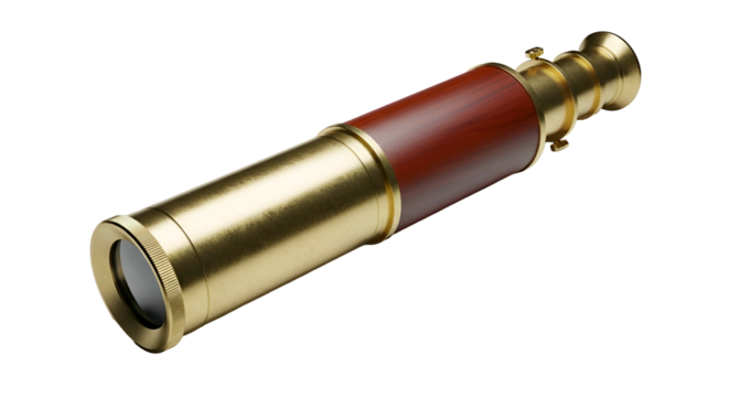 Brass & wood telescope, black background, perspective view