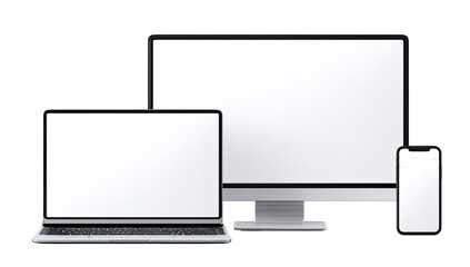 Multiple digital devices, including a laptop, monitor, and smartphone, all with blank screens