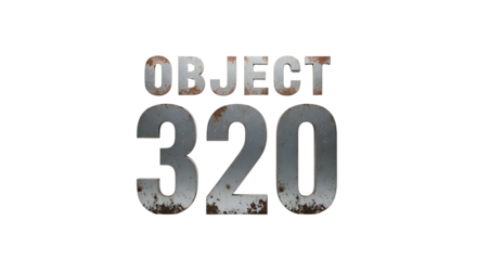 Metallic "OBJECT 320" text, weathered, isolated on black