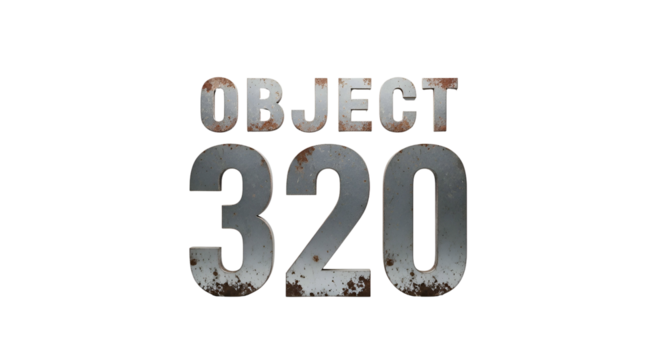 Metallic "OBJECT 320" text, weathered, isolated on black