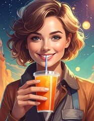 Smiling woman with short brown hair enjoys an orange beverage against a cosmic backdrop