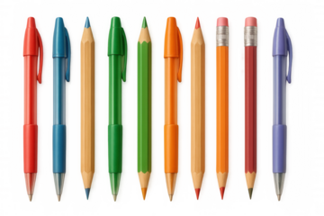 Colorful collection of pens and pencils in a rainbow of hues, ideal for education, office, drawing, and creativity
