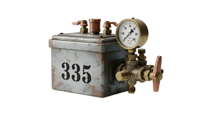 Aged, rusted container with a gauge and pipes