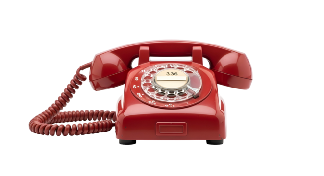 Retro red rotary dial telephone, coiled cord, isolated object