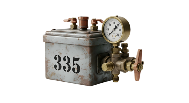 Aged, rusted container with a gauge and pipes