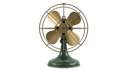 Antique green and brass desk fan with four curved blades