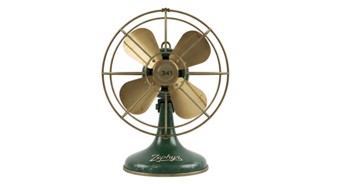 Antique green and brass desk fan with four curved blades