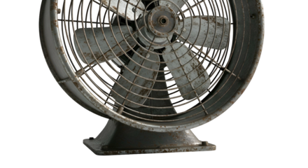Old, metal fan with rust and dirt visible, against black backdrop