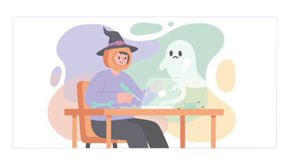 Fototapeta premium Halloween tech support Person in pumpkin hat fixes laptop with worried ghost watching