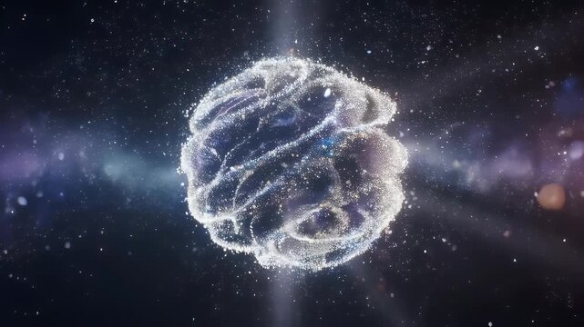 A luminous orb of shimmering light particles in a dark void, reminiscent of cosmic formations