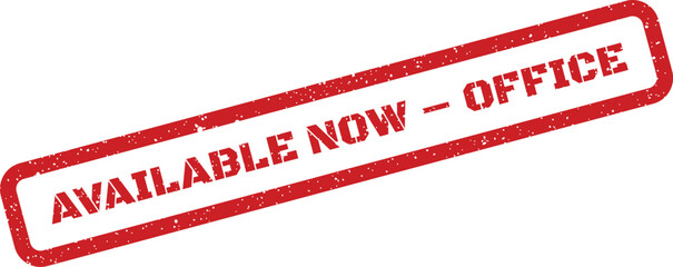 Distressed red office stamp illustration, showing availability with grungy texture, now available