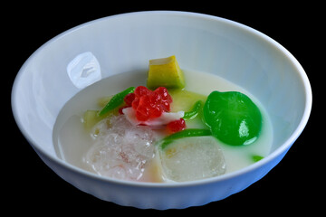 Close-Up of Es Campur or Es teler, a Colorful Southeast Asian Mixed Ice Dessert with Jellies and Coconut Milk