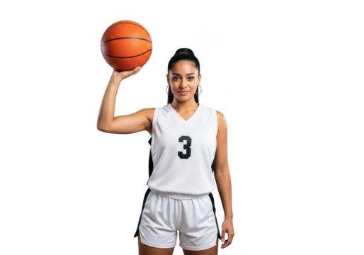 Woman basketball player holding ball isolated on transparent background