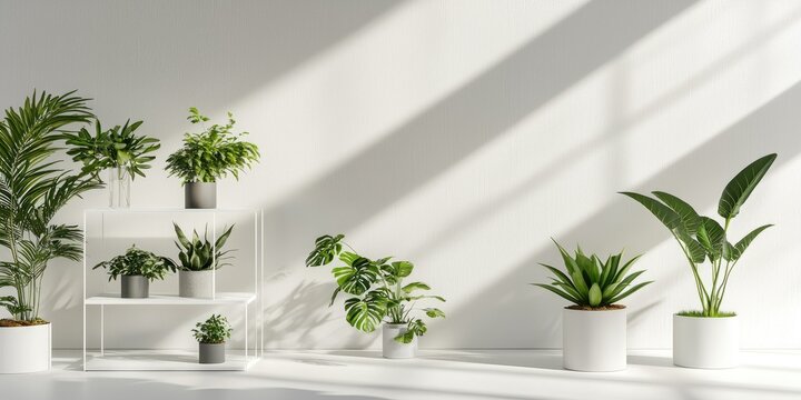 A white wall with sunlight casting shadows, featuring a variety of houseplants in white pots. - Powered by Adobe