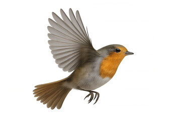 European robin bird flying, wings open, isolated on transparent background, wildlife animal in flight cutout