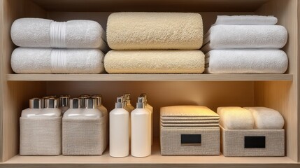 Neatly organized towels and toiletries are displayed on wooden closet shelves, illuminated by soft light.