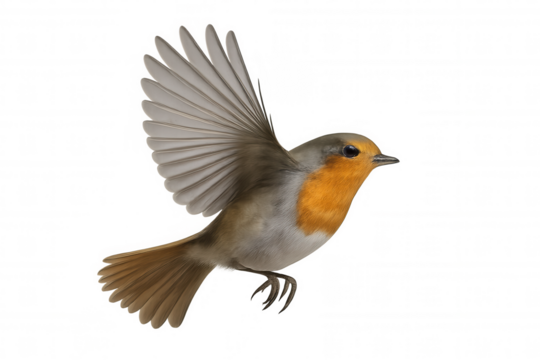 European robin bird flying, wings open, isolated on transparent background, wildlife animal in flight cutout
