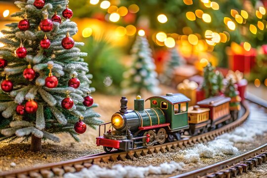 A charming miniature steam train with colorful carriages chugs along a track past a decorated christmas tree and presents, evoking a sense of holiday wonder and nostalgia - Powered by Adobe
