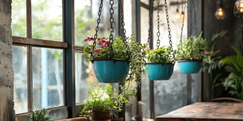 Three hanging planters with colorful plants, one blue, one green, and one red, in a rustic industrial setting with large windows and exposed brick walls.
