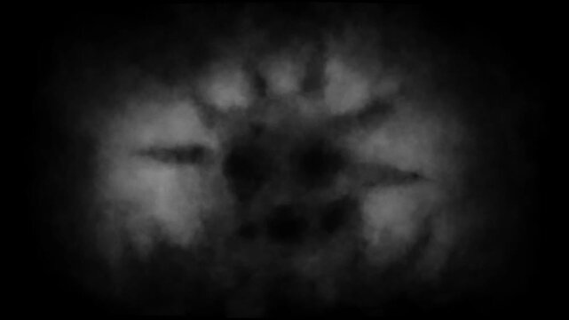 Dark horror 2D animation for Halloween. Creepy atmosphere, monster, haunted place, ghostly light, camera shake. For scary scene, dark intro and spooky edits. Vj loops. Black and white background.