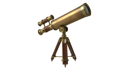 Brass telescope rests on wooden tripod, pointing upwards