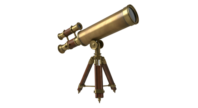 Brass telescope rests on wooden tripod, pointing upwards