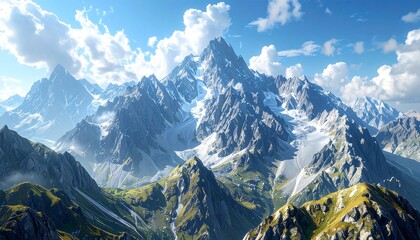 Scenic aerial perspective of snowy mountains under a clear blue sky