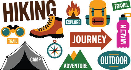 Naklejka premium Cartoon Style Hiking Adventure Illustration with Boots, Backpack, Tent, and Outdoor Exploration Elements