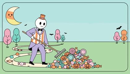 Cheerful character raking a massive pile of Halloween candies under a friendly candy corn moon