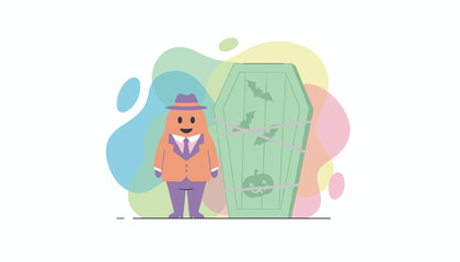 Friendly cartoon character in a suit beside a spooky Halloween coffin with bats and pumpkin Fun seasonal design