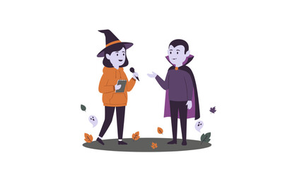 Witch reporter interviews vampire celebrating Halloween with ghosts and autumn leaves