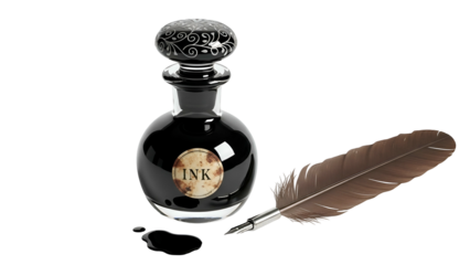 Inkwell, feather quill, & spilled ink against a dark background