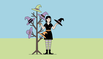Young woman choosing a witch hat from a tree preparing for Halloween celebration