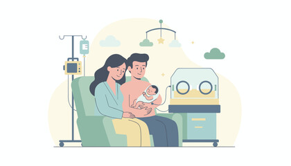 Loving parents with their newborn baby in a hospital room symbolizing family care and new beginnings