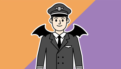 Illustrated pilot with bat wings on colorful background A fun fantasy or Halloween concept