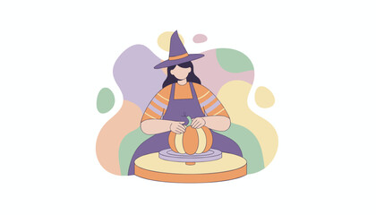 Person in witch hat crafting a pumpkin on a potters wheel Autumn Halloween creativity hobby