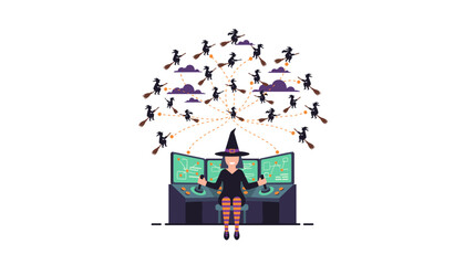 Witch operates a hightech control panel managing a fleet of flying broomsticks for Halloween