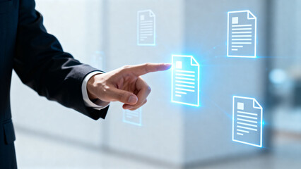 businessman pushing a touch screen interface