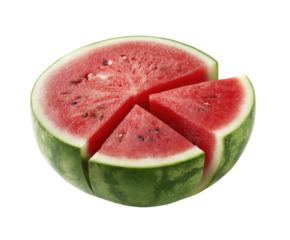 A whole watermelon, cut into four equal slices