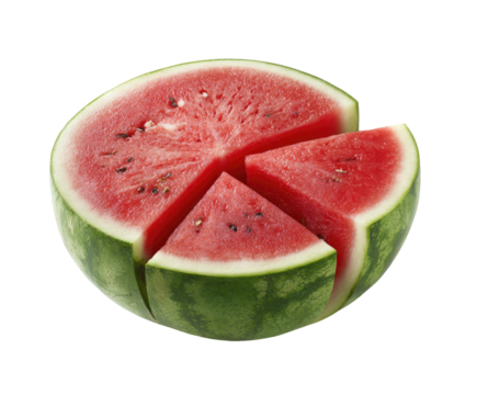A whole watermelon, cut into four equal slices