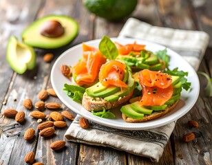Smoked salmon and avocado toast on a rustic wooden table