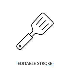 A kitchen spatula icon in a minimalist line style with editable stroke. Cooking utensil, kitchenware tool, BBQ equipment, food flipping, frying pan accessory, grill preparation, household cooking.