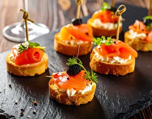 Smoked salmon canap?s on toasted bread, garnished with cream cheese, caviar, and herbs, served on a black slate
